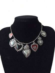 Cuier 1 件复古多串心形吊坠项链仿珍珠哥特式粗链个性项链防银红黑万圣节珠宝礼物情人节、妈妈、母亲、母亲节、礼物 - Charm Necklace - 查看 12