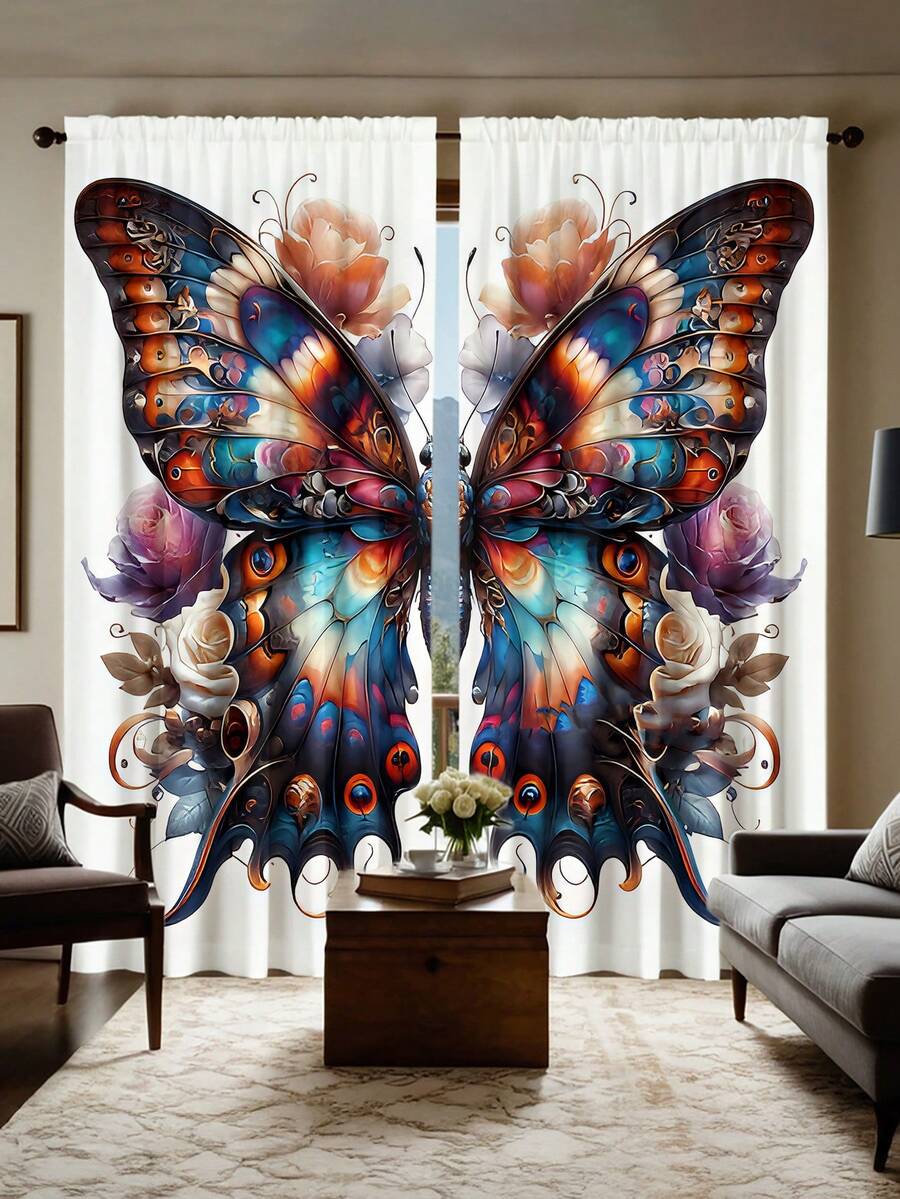 2pcs Vintage Butterfly Print Curtains, Semi-Sheer Polyester Fabric, Machine Washable, Rod Pocket Design, Suitable For Bedroom, Living Room, Dining Room, Kitchen And Other Home Decor