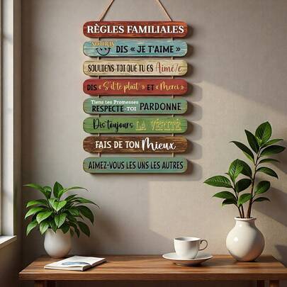 1pc French Decorative Hanging Decor, Wooden Wall Art With Family Rules Quotes (French) Colorful Motivational Sign,Suitable For Decorating Living Rooms, Dining Rooms, And Bedrooms,Suitable As A Gift For Family, Colleagues, And Friends