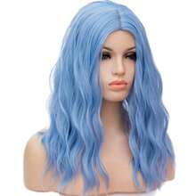 DONEUSTAR  Blue Wig For Women Synthetic Cosplay Wig For Halloween Costume Party Blue Curly Wavy Wigs Colored Wigs For Girl 18 Inch - LightBlue - Xem 3