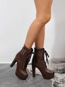 粗跟圆头高跟防水台短筒侧拉链时尚女靴纯色金属带扣女士冬靴 - 酒紅色 - 查看 4