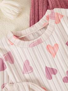 6件套女童情人节爱心印花长袖圆领上衣+修身抓绒裤套装 - 粉色 - 查看 5