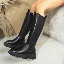 2025 New Uniform Boots For Women, Round Toe Thick Heel Mid-Calf Boots With Rear Zipper, Waterproof Platform Design, Suitable For All Seasons, Black Knee-High Boots For Daily Outdoor Commute, Fashionable Women's Long Boots, Elongating Legs