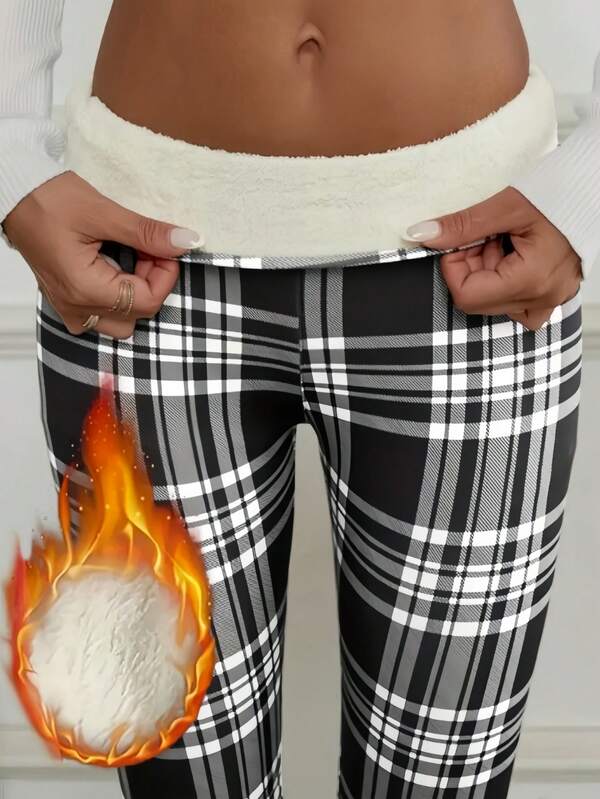 1 pezzo Pantaloni invernali da donna a quadri in bianco e nero, rosso e bianco, vita alta con fodera termica, adatti per uso quotidiano