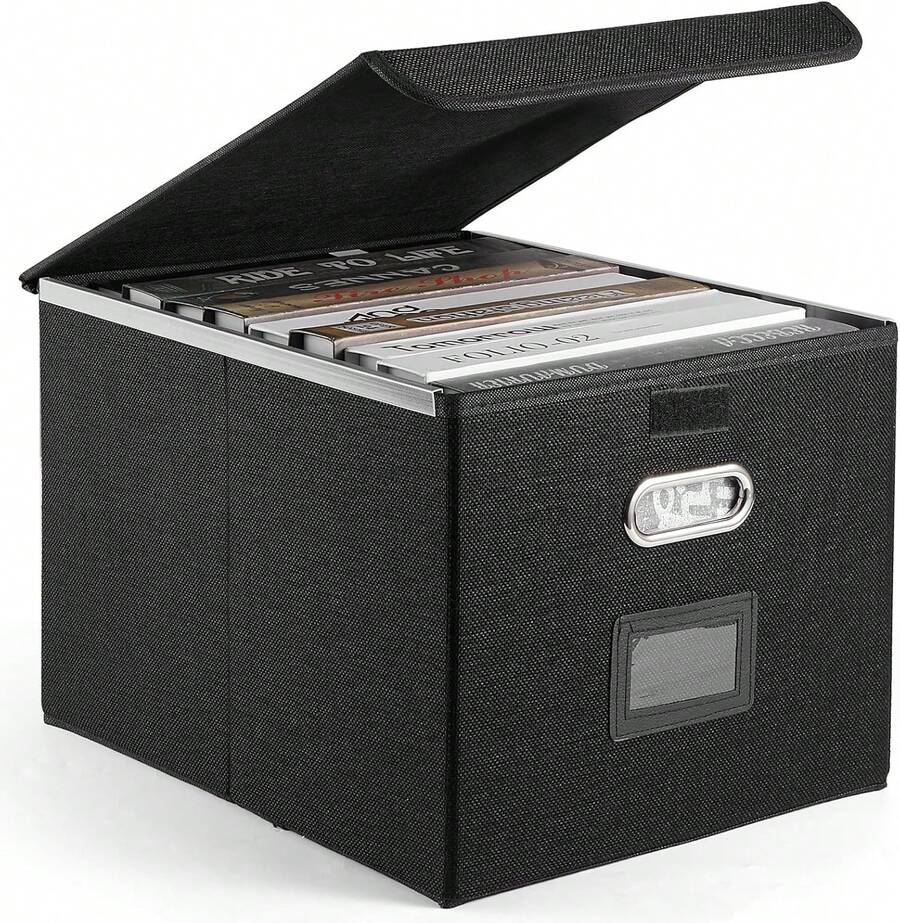TECHVIDA Caja de Almacenamiento de Archivos con Tapa, Caja Organizadora de Achivos Portátil de Lino, Almacenamiento Plegable, Caja Organizadora de Archivos con, Apto para Oficina o Hogar (Negro) - Negro - Ver 1