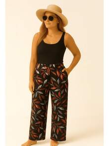 Garter Belt Pants (Cold Knit) With Pocket And Elastic Waistband Cut And Sew All-Over Leaf Print Pocket Contrasted Waistband - Bordeaux - 查看 2