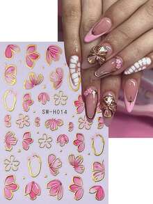 2 PCS Pink Flower Petal 3D Nail Stickers Elegant Flower Gold Edge Line Geometry Designs Nail Art Decals For Acrylic Nails DIY Spring Self-Adhesive Manicure Decoration Supplies - Nhiều màu 1 - Xem 5