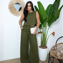 Women's Linen Set, Stylish Trousers And Blouse - Army Green - View 4