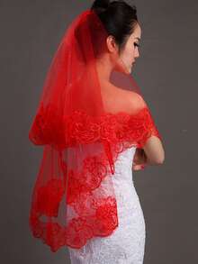 1件1.5米经典红色新娘婚纱单层头纱，简约半透明白色蕾丝情人节配饰 - A - 查看 5