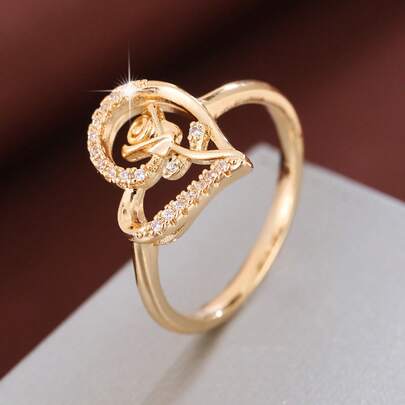 خاتم موضة مرصع بالزركونيا المكعبة بتصميم وردة على شكل قلب للنساء قطعة واحدة