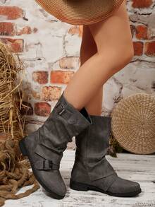 Botas Médias Versáteis Marrons com Fivela, Bico Redondo, Plissado em Couro, Uso Externo da Moda para Mulheres