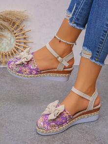 New Beige Bow Women's Shoes For Spring And Autumn 2025, Fashionable And Casual. Purple Printed Mesh, Comfortable And Breathable. Woven Hemp Rope Spliced Wedge Heel, Thick-Soled One-Button Shoes