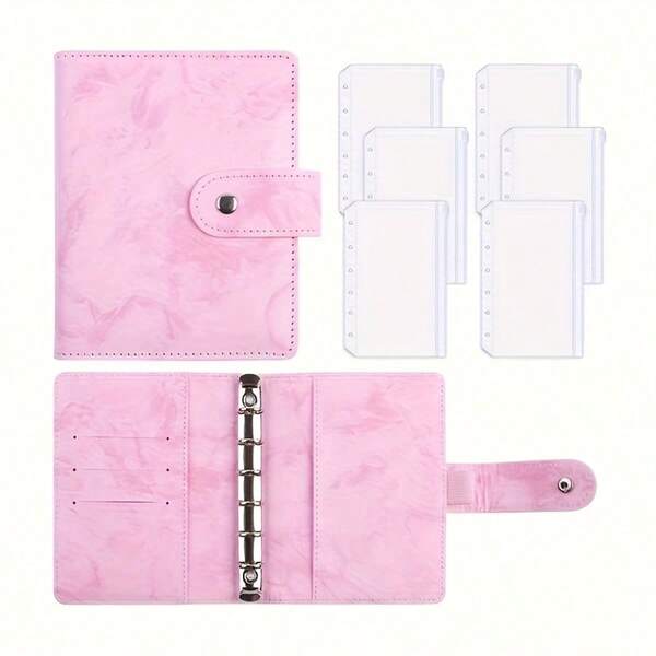 2 Sets Of A7 Size Marble Pattern UV Loose Leaf Binder With 6 Zipper Pockets, Pink/Grey/Black Colors,Back To School,School Supplies,Savings Plan,Biweekly Savings Plan,10000 Savings Plan,Savings Strategy