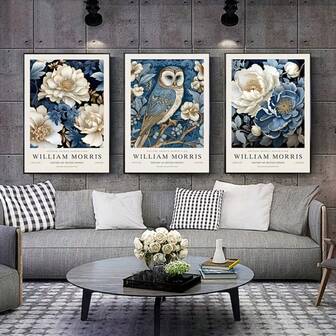 Impresiones de arte en lienzo de William Morris - Juego de 3, pósteres decorativos sin marco con diseños florales y de búhos modernos, decoración de pared de estilo clásico art decó para sala de estar, dormitorio, oficina en casa, restaurantes - Obra de arte con tema de paisaje interior