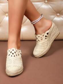 Breathable Laser Cut Closed Toe Lightweight Fashionable Espadrille Wedge Slide Sandals For Women - Beige - View 2