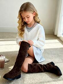 1 Pair Kids Tween Girls Bowknot Faux Suede Anti - Slip Round - Toe Over - The - Knee Boots With Side - Zipper, Low Block Heel, Casual Stylish (Size 26 - 36) For Daily, Parties, Christmas - 棕色 - 查看 16