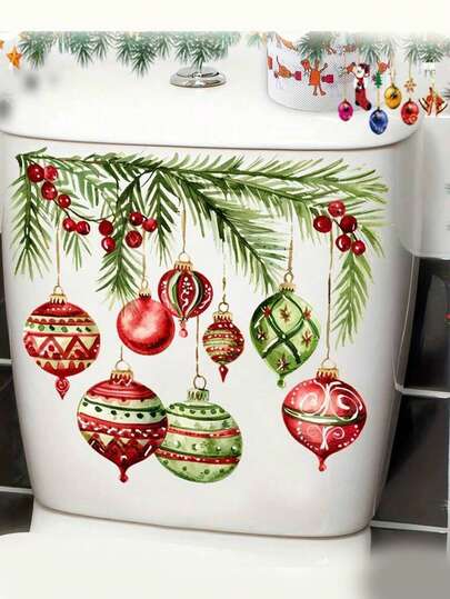 1pc Reusable Christmas Toilet Decoration Sticker Christmas Decoration Bathroom Wall Decal With Colorful Lantern Ornaments And Greenery PVC Self-Adhesive Removable Home Decoration Sticker 11*11.4in/11.61*11.61in For Wall Mirror Glass Wall Stickers Wall Sticker Stickers Home Decor Room Decor Christmas Decorations Christmas Decor Wall Decor Christmas Decorations Home