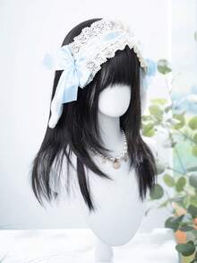 alicegarden 1 合成耐热假发，黑色长直发带刘海假发，22 英尺长，由纤维制成，适合日常使用，自然仿真假发 - 黑色 - 查看 3