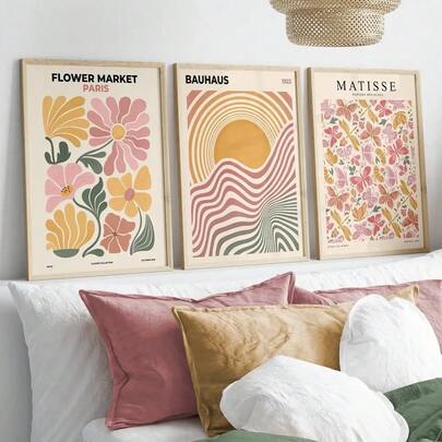 3-Piece Set Of Bohemian Abstract Butterfly & Floral Market Gallery Wall Art Canvas, Bauhaus Poster, Matisse Exhibition Wall Art, Floral Wall Art, Vintage Art Prints, Floral Market Poster, Suitable For Bedroom, Living Room, Dining Room, Corridor Wall Decor, Optional Wooden Frame