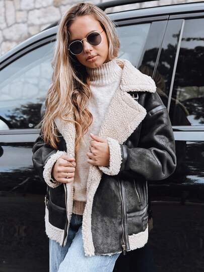 Jaqueta feminina de couro sintético estilo motociclista, comprimento até o quadril com bolsos com zíper, modelo elegante para outono/inverno com gola com zíper, jaqueta urbana chique.