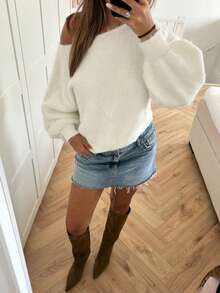 Women's Off-Shoulder Knit Cropped Pullover Sweater With Puff Sleeves, Medium Stretch