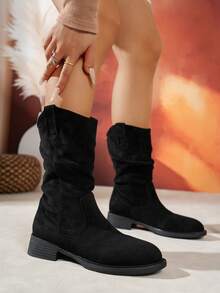 Pleated Mid-Calf Boots, Women's New Autumn Suede Retro Casual Chunky Heel Western Boots, Khaki Color Versatile Outdoor Comfortable Flat Shaft Fashion Boots - Black - View 4