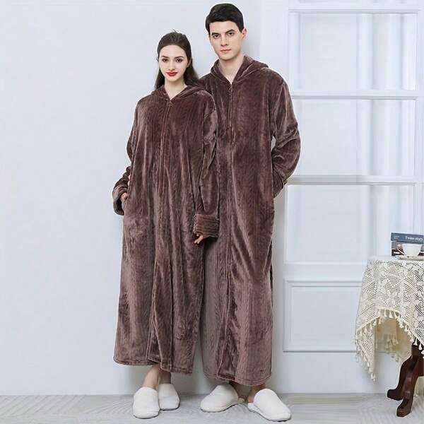 Ultra-Soft Plus Size Flannel Hooded Robe With Zipper - Thick, Warm & Cozy For Couples, Machine Washable Polyester Blanket Poncho For TV Watching And Outdoor Use