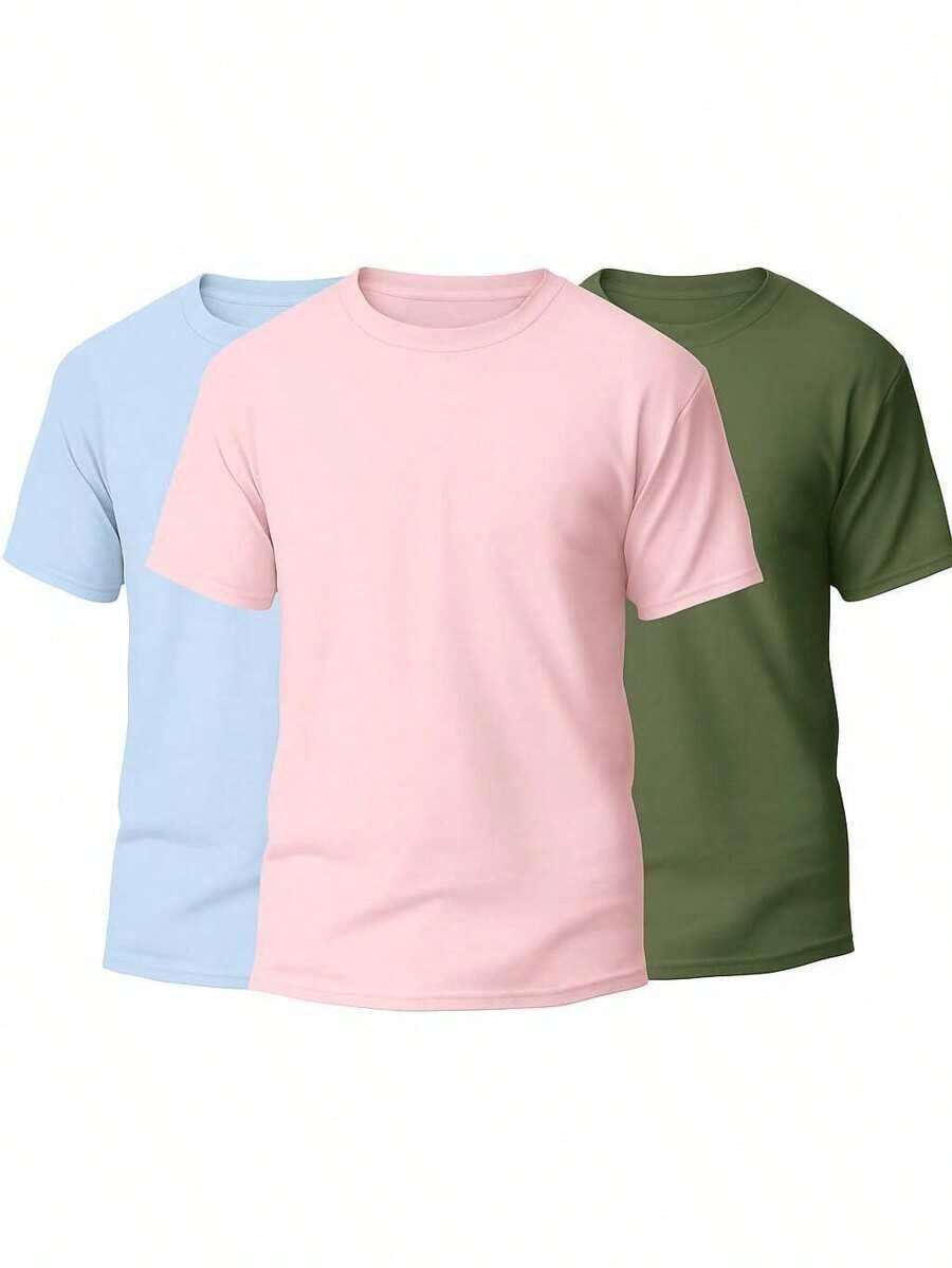 KIT 3 Basic Plain Men's T-Shirts 100% Cotton 30.1 - 淡藍色+淡粉紅+軍綠色 - 查看 1
