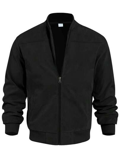 Men's Spring/Autumn Suedette Fleece Lightweight Long Sleeve Jacket, Comfortable Soft Casual Outerwear, Retro Stand Collar Zip-Up Baseball Jacket, Loose Minimalist Versatile Short Jacket [Runs Large, Suggest Ordering One Size Down]