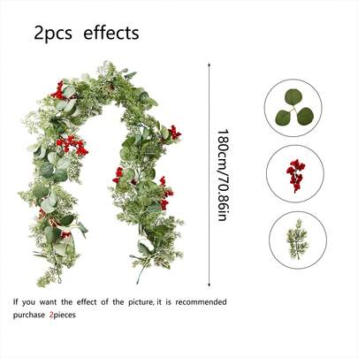 180cm/70.8in Holiday Decoration,Artificial Christmas Garland With Red Berries, Eucalyptus Leaves, Green Pine Branches.