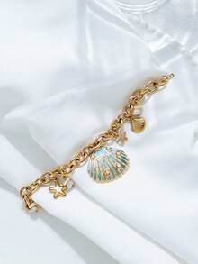 Mazuer 1pc 18K Gold Plated Colorful Vintage Elegant Summer Beach Boho Style Pearl Shell Multi-Pendant Bracelet, Gift For Girlfriend, Graduation, Thanksgiving, New Year, Valentine's Day, Festivals, Parties, Daily Wear, Vacation