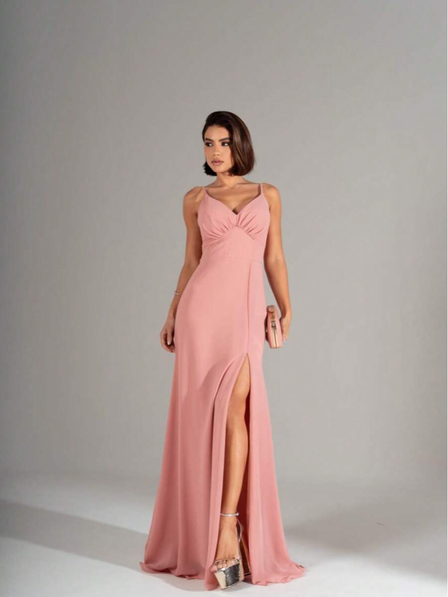 LONG DRESS WITH REMOVABLE CAPE, PERFECT Simple Asymmetrical Pink 3d Wedding - Rose - View 1