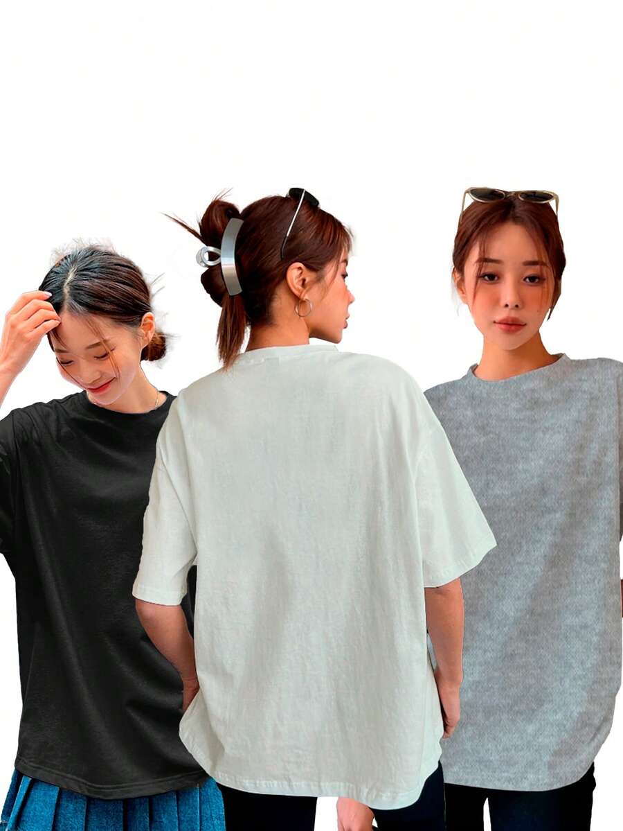 Kit 3 Camiseta Básica Lisa Leve Casual Verão Outono Primavera Versátil - Preto/Cinza/Creme - Visão 1