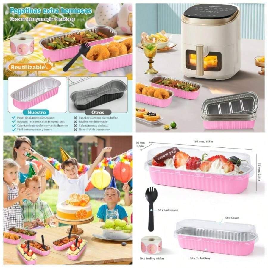 Juego de 50 Moldes para Hornear, Moldes Rectangulares de Aluminio de 200ml, Moldes para Hornear Pan con Cucharas y Tapas, Moldes para Tartas para Magdalenas, Pastel, Minibrownie - 50 piezas + rosa - Ver 1