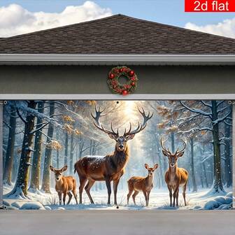 Pancarta plana 2D, 1 pieza, pancarta de decoración de puerta de garaje con tema navideño de gran tamaño, pancarta de fiesta con patrón de grupo de renos navideños, de poliéster, brillante y duradera, adecuada para colgar en paredes del hogar en Nochebuena y fiestas de Año Nuevo