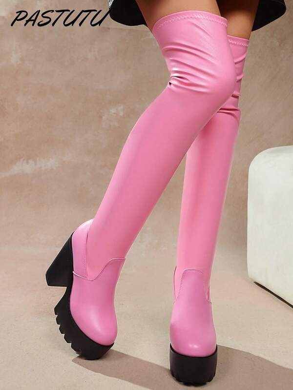 Stivali alti da donna neri, stivali alla moda personalizzati, sexy, in pelle elastica con tacco chunky sopra il ginocchio