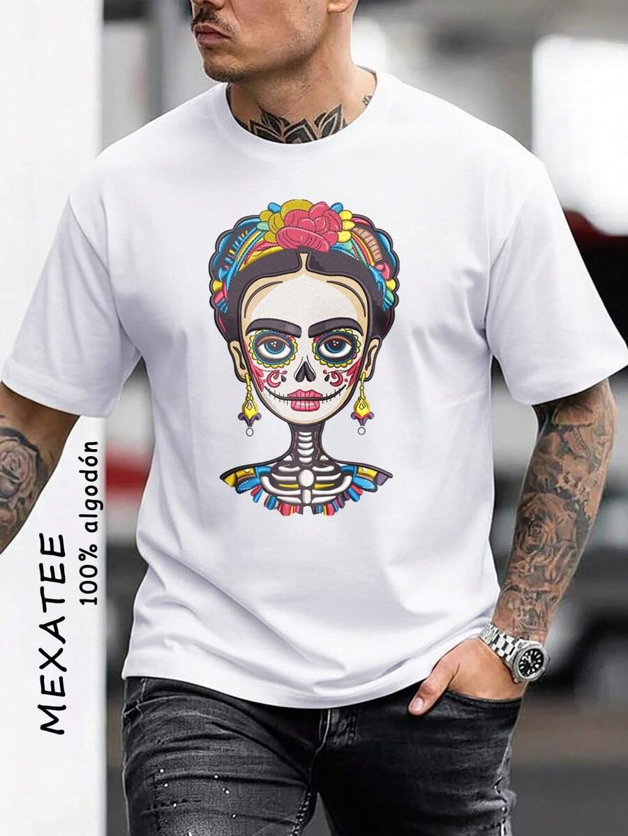 Men's Gift | Unisex Day of the Dead Sugar Skull T-Shirt | 100% Cotton | 180G Heavyweight | Perfect for Dia de Muertos & Halloween | Crewneck Tee for Him & Her - Blanco - Ver 1