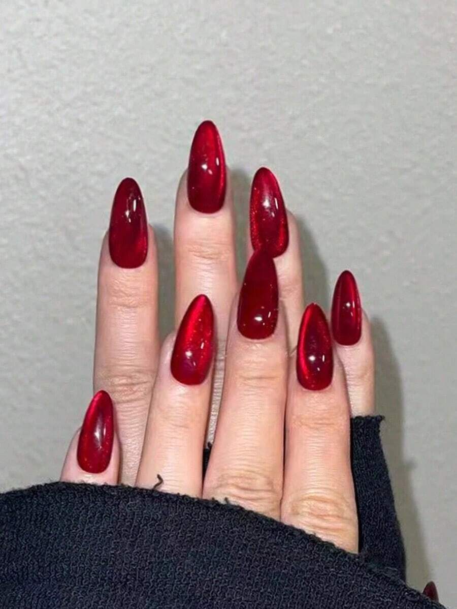 24pcs/Set Y2K Aesthetic Blood Red Crystal Cat Eye Press-On Nails, Long Almond Red Cat Eye Acrylic False Nails, Includes 1pc Jelly Gel And 1pc Nail File, Suitable For Women And Girls Daily Wear, Rave Party Manicure Supplies. Warehouse Tail Goods,Random Delivery. - 布朗 2 - 查看 1
