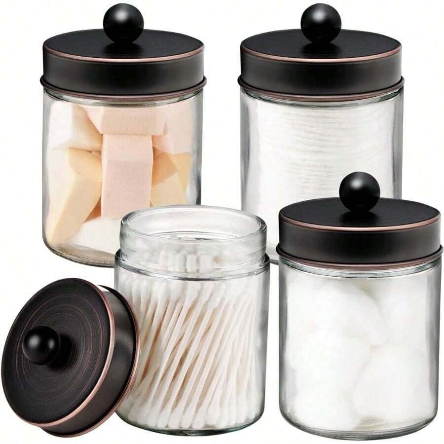 Amolliar 4 Pack Apothecary Jars Bathroom Vanity Storage Organizer With Stainless Steel Lids AndCute Stickers Qtip Dispenser Holder For QtipsCotton Swabs Makeup Sponges Oil Rubbed Bronze (QDS726)