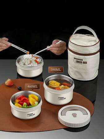 1/3/4/5个装 HOME 保温便当盒，便携式保温午餐盒，适合工作野餐，304不锈钢保温食品容器，带收纳袋，适用于电磁炉和微波炉（卡其色 36盎司/52盎司/72盎司）圣诞礼物