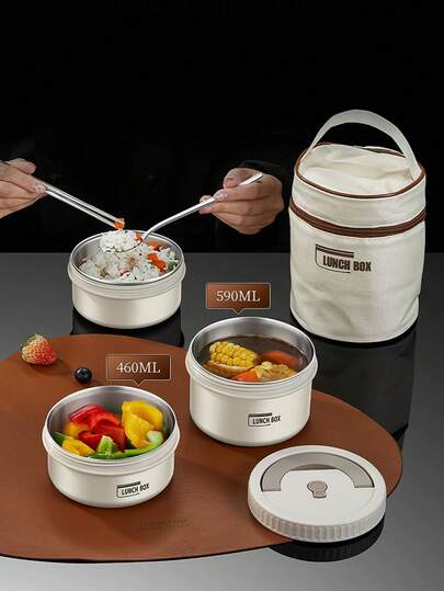 1/3/4/5pcs HOME Thermal Bento Box Lunch Box, Portable Insulated Lunch Container For Work Picnic, Keep Warm 304 Stainless Steel Food Container With Bag , Induction Cooker & Microwave (Khaki 36oz/52oz/72oz) Christmas Gifts