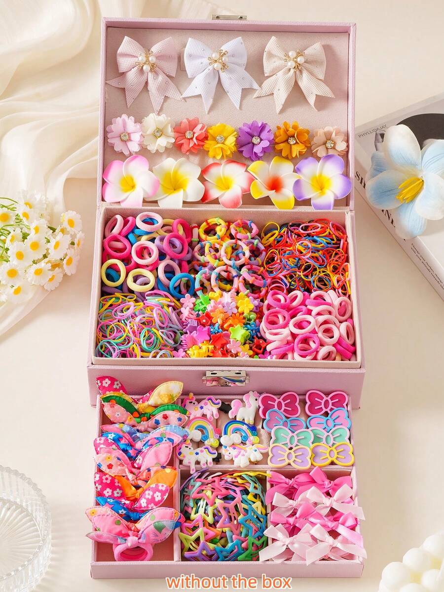 699件/套 女孩发饰组合，可爱多样的彩色发夹、发圈、带蝴蝶结、花朵、蝴蝶图案的松紧带，是送给女孩的完美礼物，适合派对和节日发型（无包装盒 - OPP袋） - 無色 - 查看 1