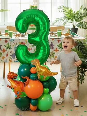 27 st/set ballonger med dinosaurietema för festdekoration | 32 tum gröna ballonger med siffrorna 0-9 | Mini orange dinosauriefolieballonger | 10 tum ljusgröna/mörkgröna/orange latexballonger | Lämplig för födelsedagsfest, temafest, evenemangsdekoration, fotobakgrund, festivalfirande