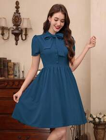 Women Vintage Cocktail Swing Dress, Midi Evening Dress, Rockabilly 50s 60s 1950shalloween - 海洋藍蝴蝶結 - 查看 3