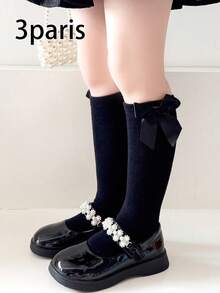 3 双儿童直筒袜，带蝴蝶结装饰，纯色校服和礼服长袜，适合青少年 - 彩色 - 查看 13