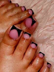 Elegant 24-Piece Pink French Press Toenail Set - Glossy Short Square Fake Nails With Black Edge Design For Women And Girls Press On Nails Nail Supplies Nails - 粉色 - 查看 1