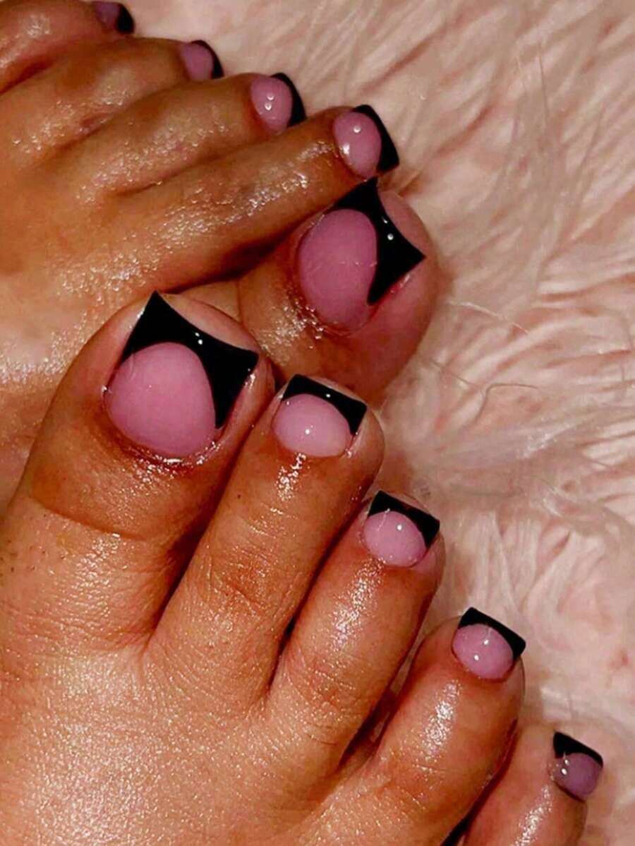 Elegant 24-Piece Pink French Press Toenail Set - Glossy Short Square Fake Nails With Black Edge Design For Women And Girls Press On Nails Nail Supplies Nails - 粉色 - 查看 1