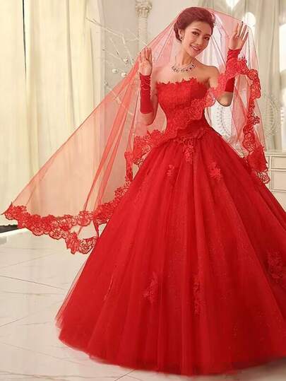 1pc 1.5m Classic Red Bridal Wedding Single Layer Veil, Minimalist Semi-Transparent White Lace