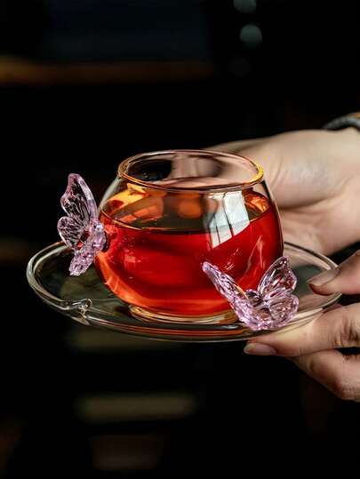 1 Set Taza y platillo de vidrio con forma de mariposa 3D y huevo, taza y platillo de vidrio de latte con mariposa estilo japonés retro, taza y platillo de vidrio para té de la tarde y postre con estilo mariposa, adecuado para restaurante, sala de estar, cafetería, tienda de postres