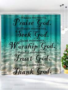 1pc/4pcs Blue Ocean Blessing Polyester Waterproof Shower Curtain With 12 Hooks, Bathroom Non-Slip Mat, U-Shaped Floor Mat And Round Toilet Seat Cover, Comprehensive Bathroom Set Christmas Decor